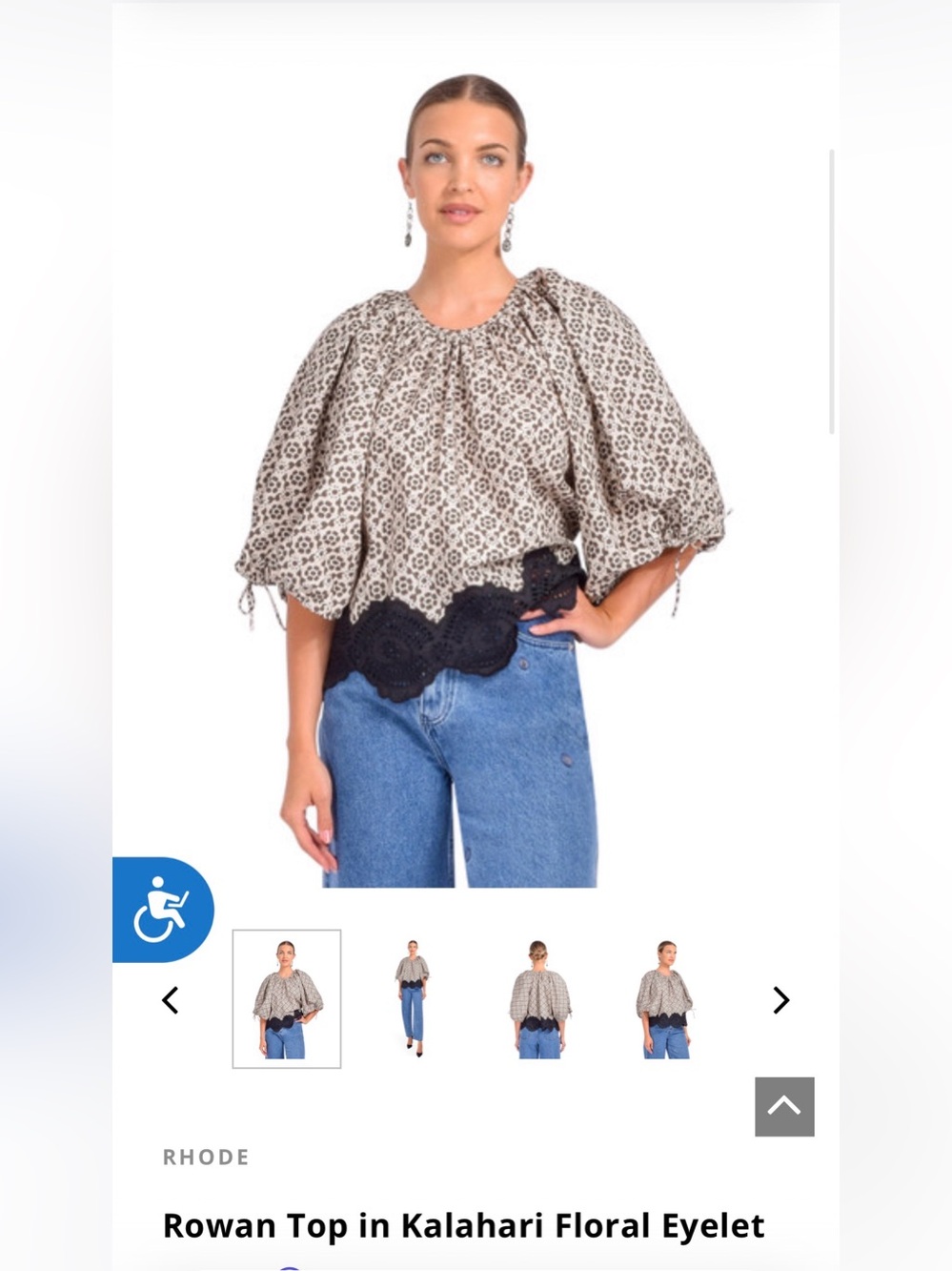 Rhode kalahari Eyelet Hem Floral Puff-Sleeve Blouse in Cream, brown and Black